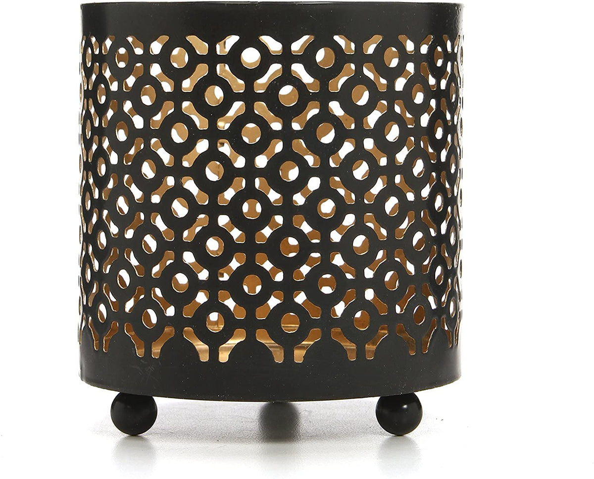 4.5 High Black (Gold Inside) Metal Jar Holder Candle Sleeve. Votive, Tea Light Lanterns Use with Tealights. Ideal Gift for Weddings, Parties, Spa and Aromatherapy O6