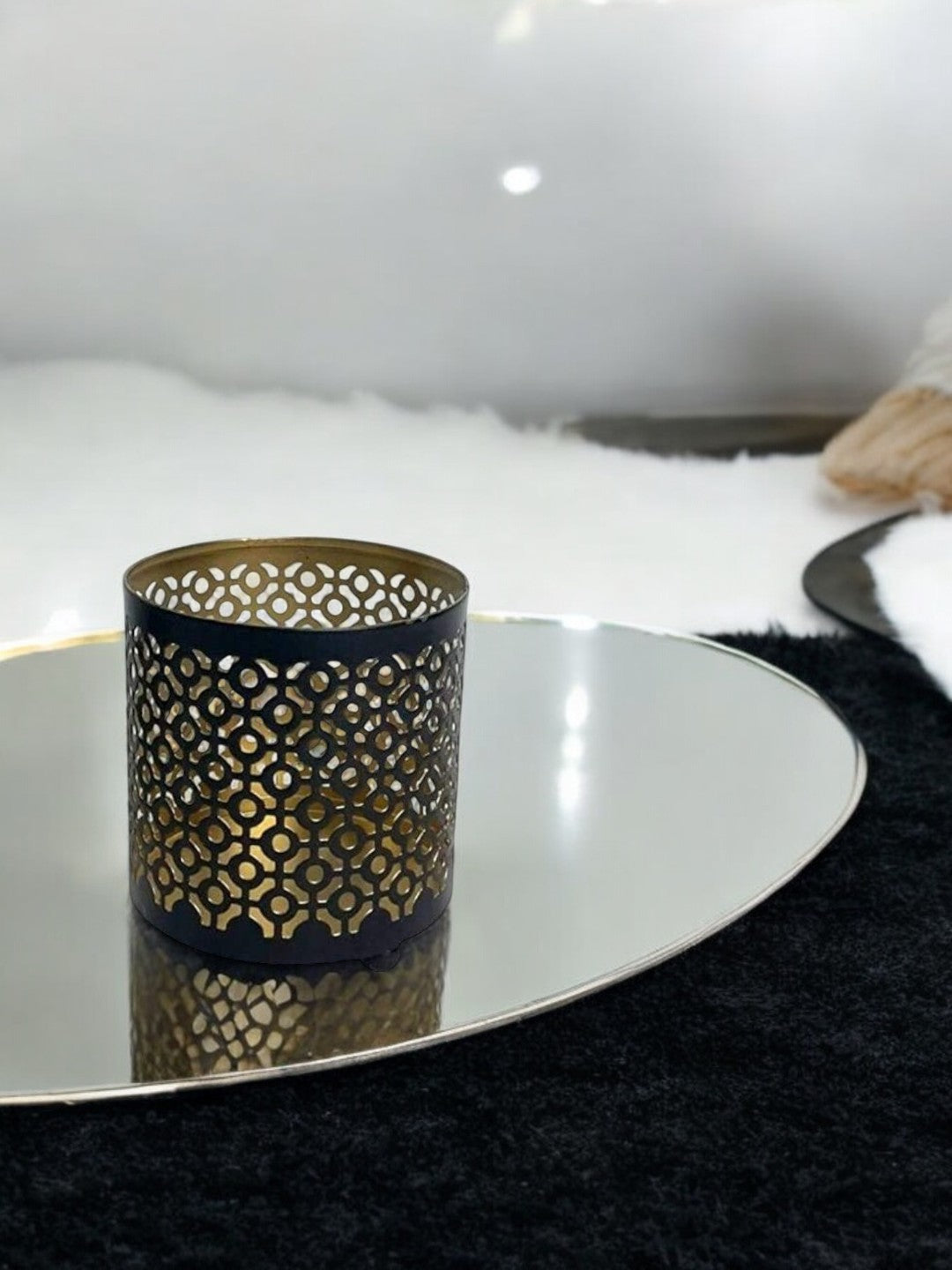 4.5 High Black (Gold Inside) Metal Jar Holder Candle Sleeve. Votive, Tea Light Lanterns Use with Tealights. Ideal Gift for Weddings, Parties, Spa and Aromatherapy O6