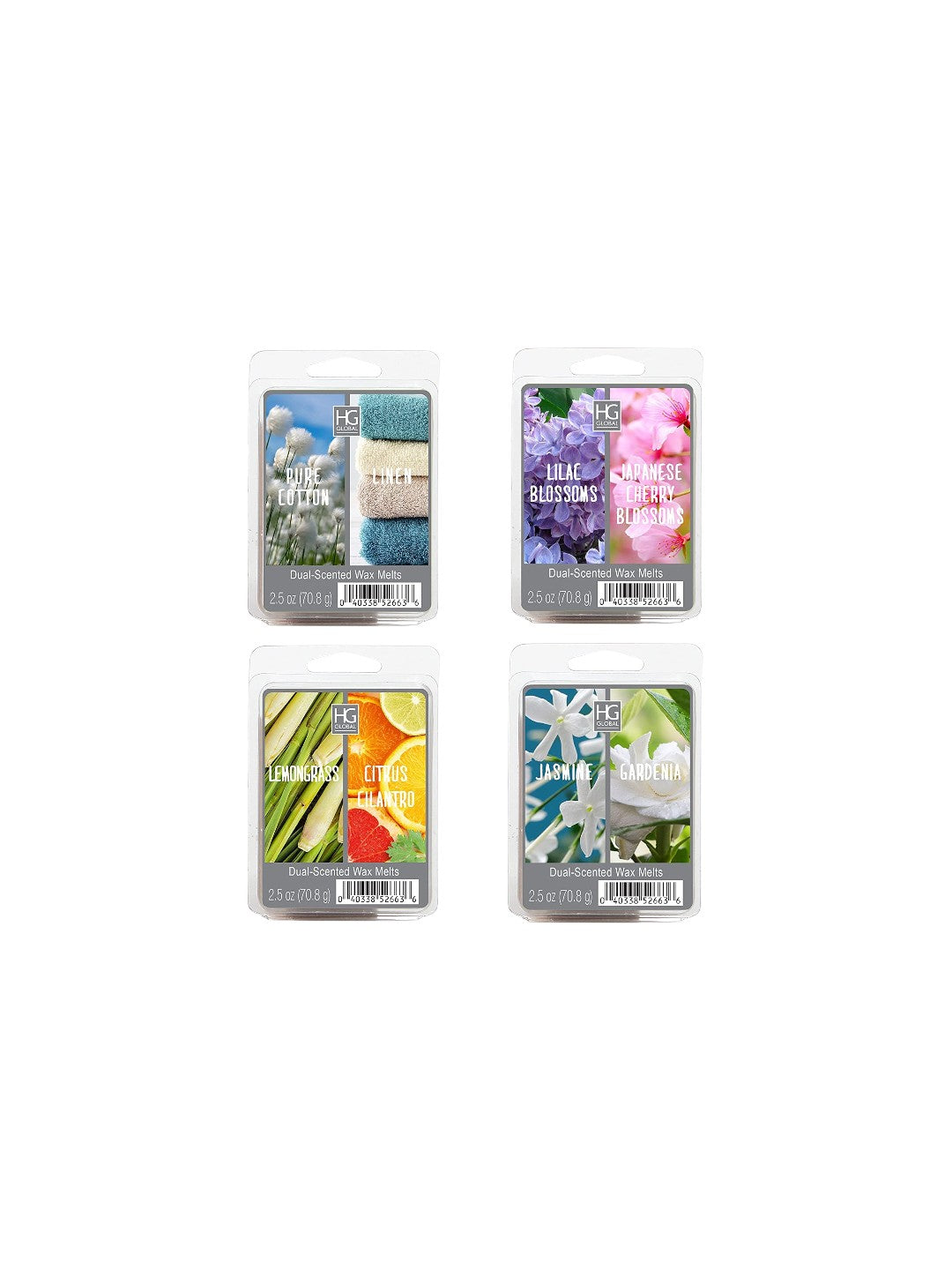 4 Assorted Dual Fragrance Wax Melts, 24 Pack Grab Bag Bulk Pack, Jasmine/Gardenia, Lilac Blossoms/Japanese Cherry Blossom, Lemongrass/Citrus Cilantro, and Pure Cotton/Linen
