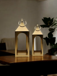 Set of 2 Modern Metal Classic Style Lanterns Gold. Ideal Gift for Parties Weddings Aromatherapy and LED Spa Settings