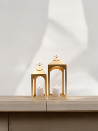 Set of 2 Modern Metal Classic Style Lanterns Gold. Ideal Gift for Parties Weddings Aromatherapy and LED Spa Settings
