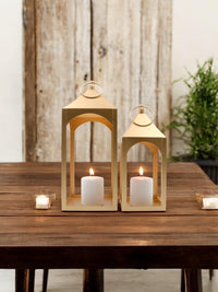Set of 2 Modern Metal Classic Style Lanterns Gold. Ideal Gift for Parties Weddings Aromatherapy and LED Spa Settings