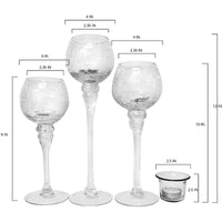 Long Stem Glass Crackle Tealight Holders, Clear, Set of 3,   9", 10" & 12"High