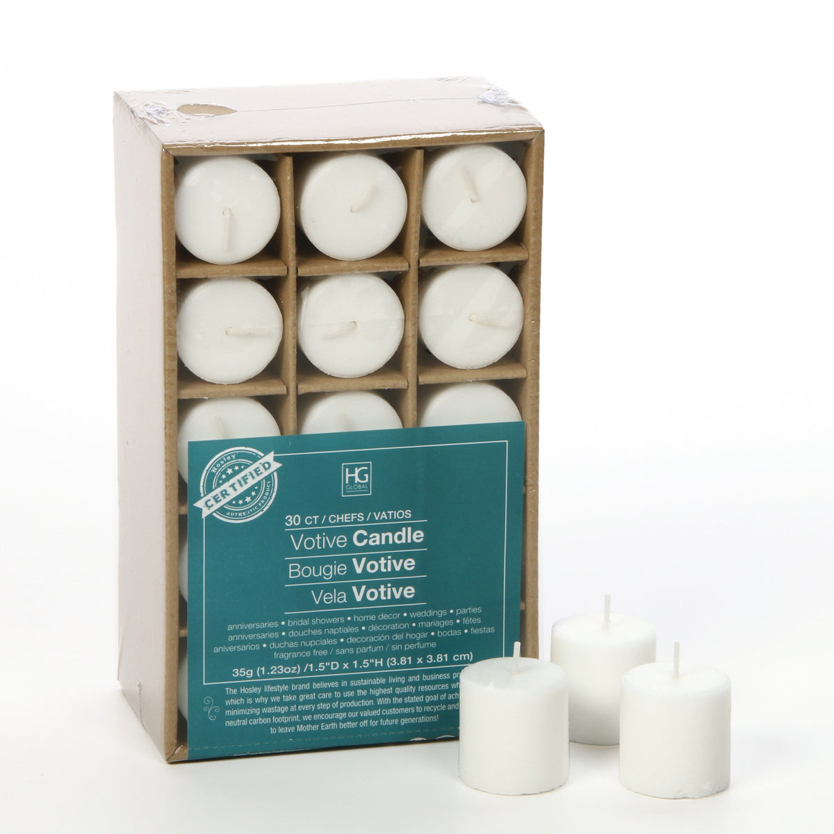 Unscented Votive Candles, White color, Set of 30