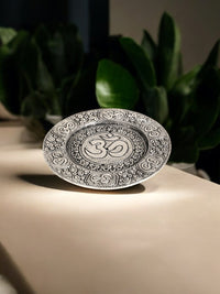 Metal OM Incense Sticks Burner/ Votive Pillar Holder, Aged Silver finish, 4.5 inches Diameter