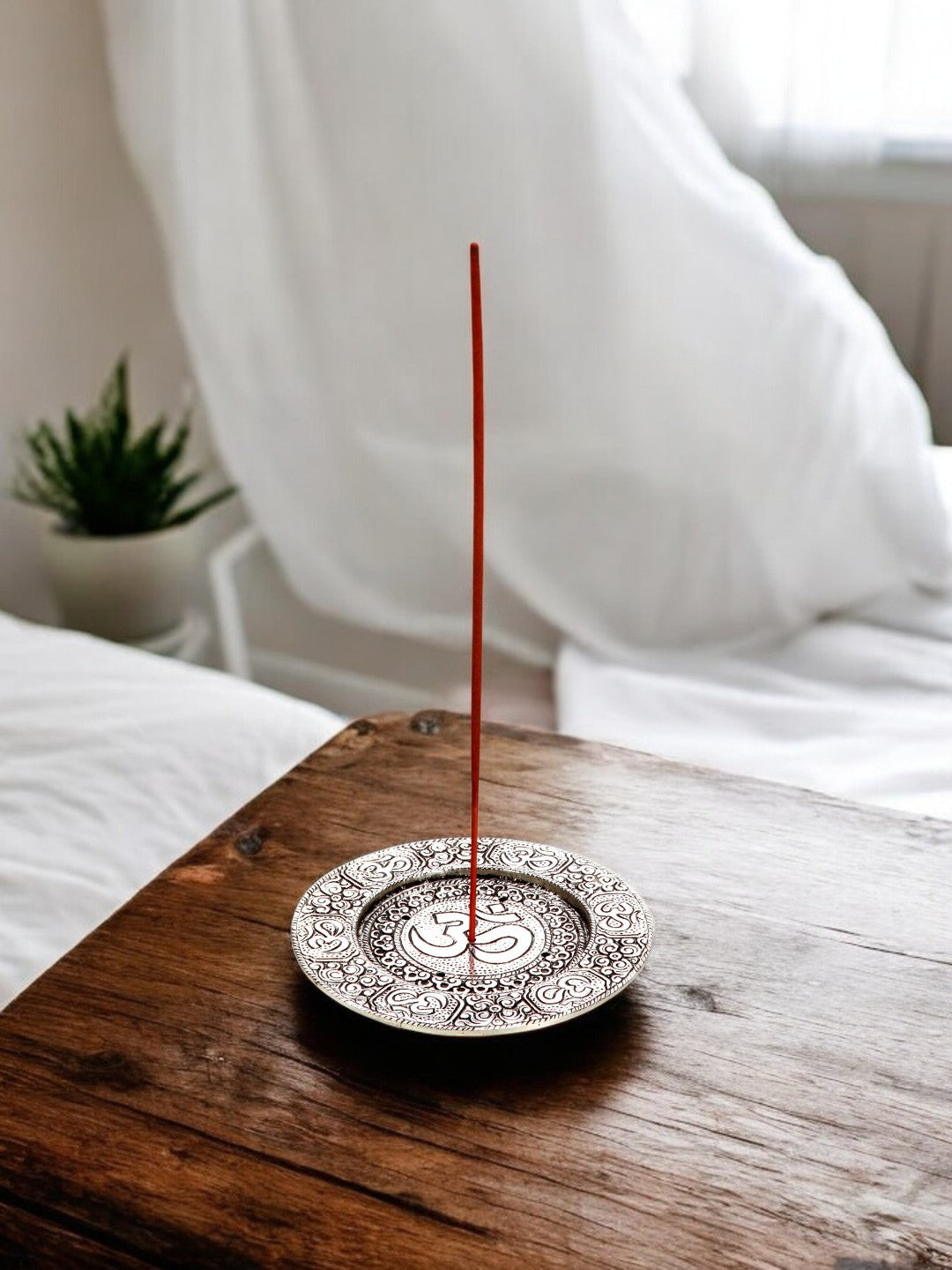 Metal OM Incense Sticks Burner/ Votive Pillar Holder, Aged Silver finish, 4.5 inches Diameter