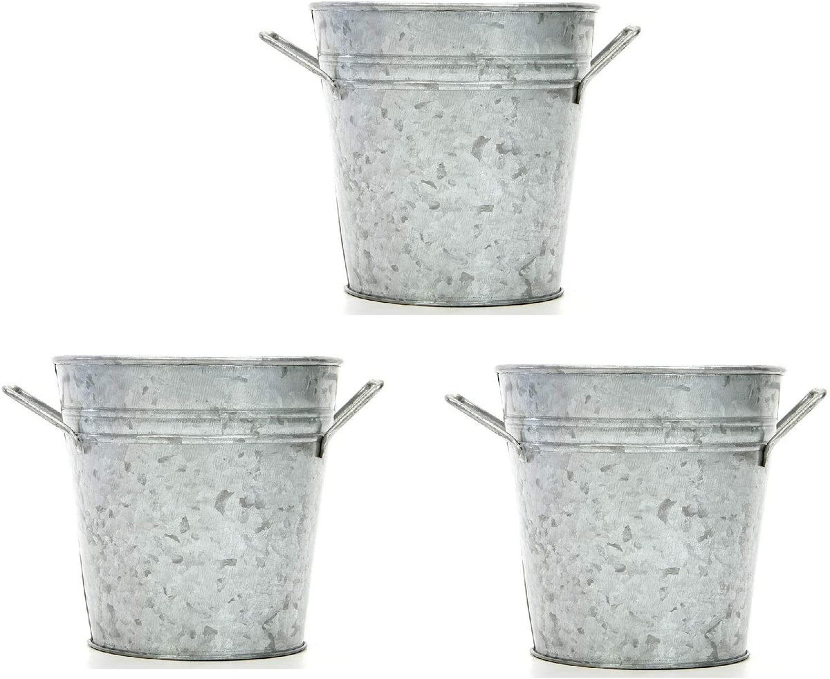 Set of 3, 5'' High Galvanized Planters/Buckets w/Handles. Ideal for Party, Wedding, Country, Picnic Caddy, Serve Ware, Floral Pots, Votive Candle Gardens W1