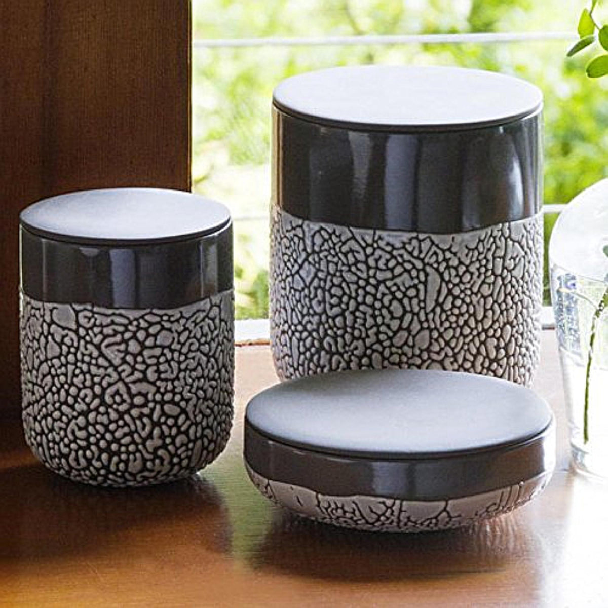HOSLEY®  Ceramic Lichen Box Mid Century Modern, Set of 2, 6.5 inches High each