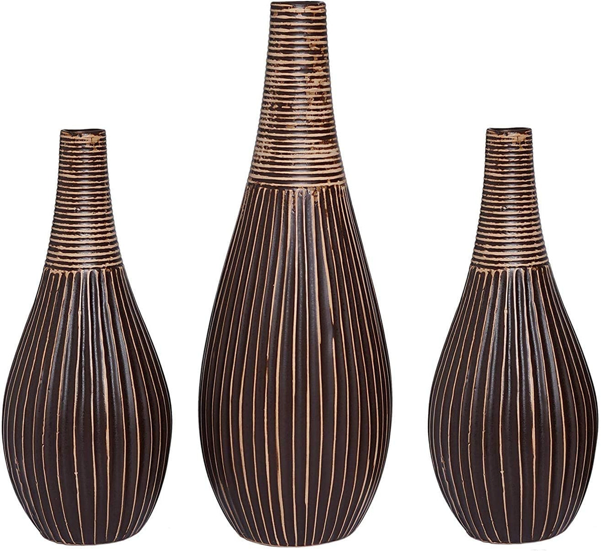 Ceramic Textured Bud Vase, Brown Glazed,  Set of 3, Large 9 "H,  2 pcs Small 7"H