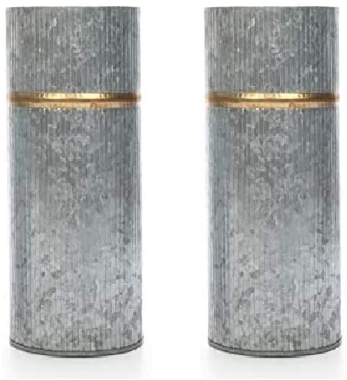 Galvanized Vases with Gold Rim,  Set of 2,  10 inches High each