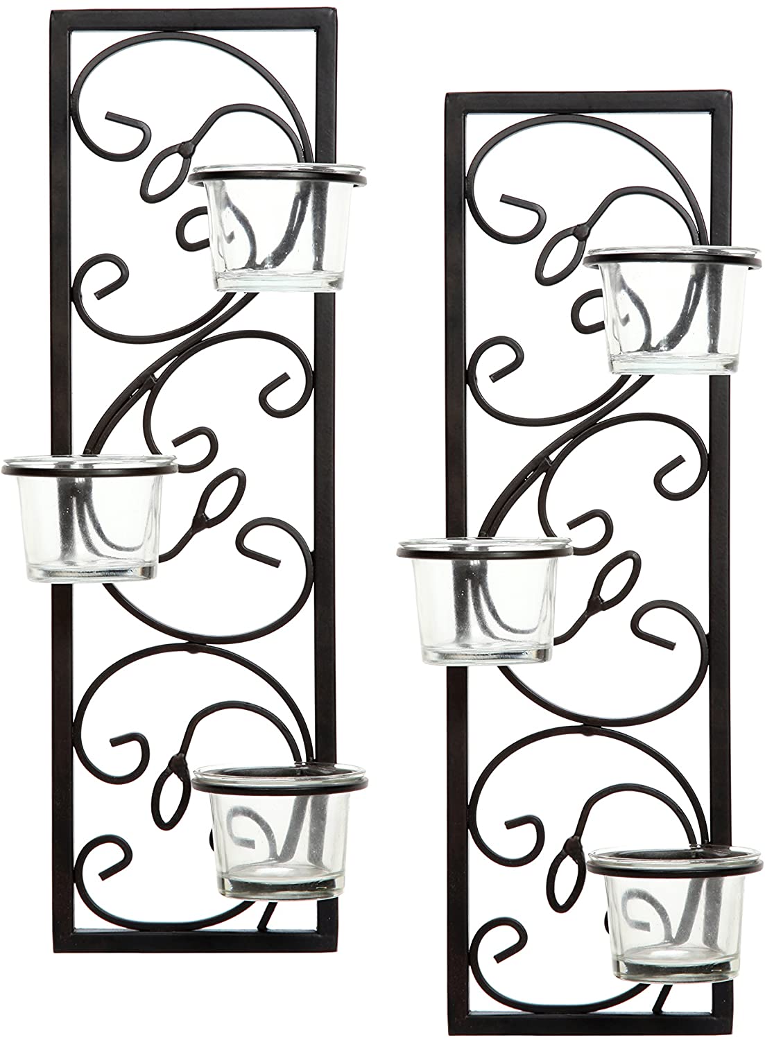 Set of Two 13.75 Inch High Black Iron Tealight Wall Sconces Modern Elegance for Ambient Lighting and Stylish Home Decor