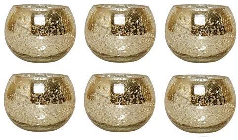 Glass Crackle Tea Light Holders , Gold Finish, Set of 6, 3.94 inches Diameter each