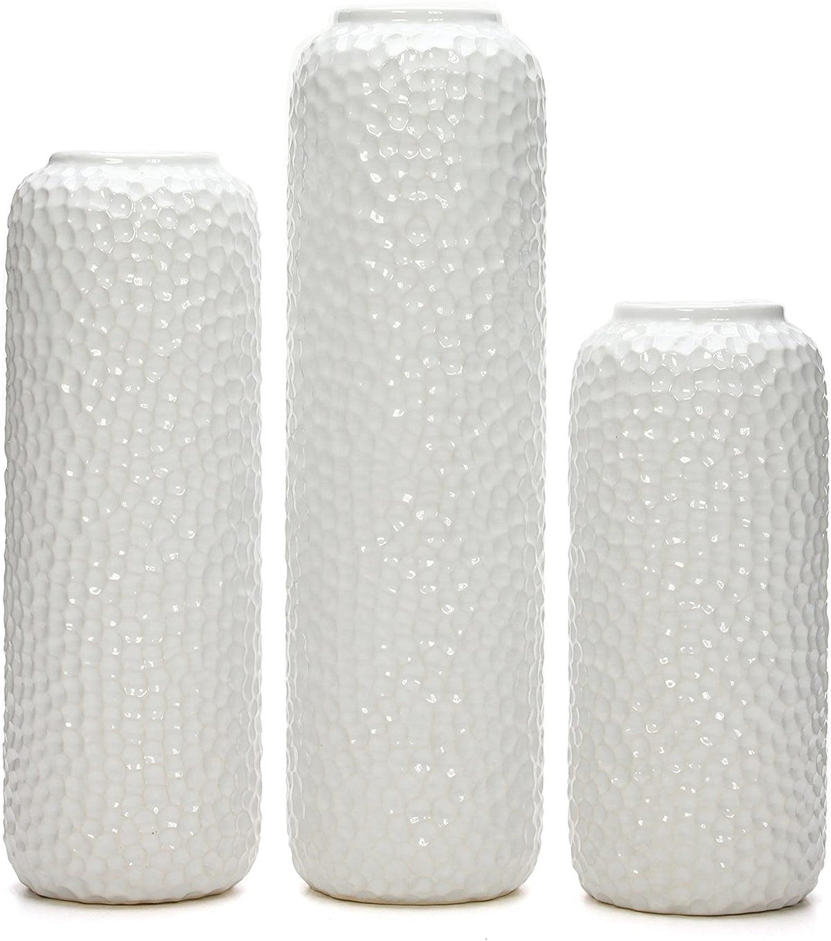 Ceramic Honeycomb Vase , White Glazed,  Set of 3 , 12"  10 "  8" High