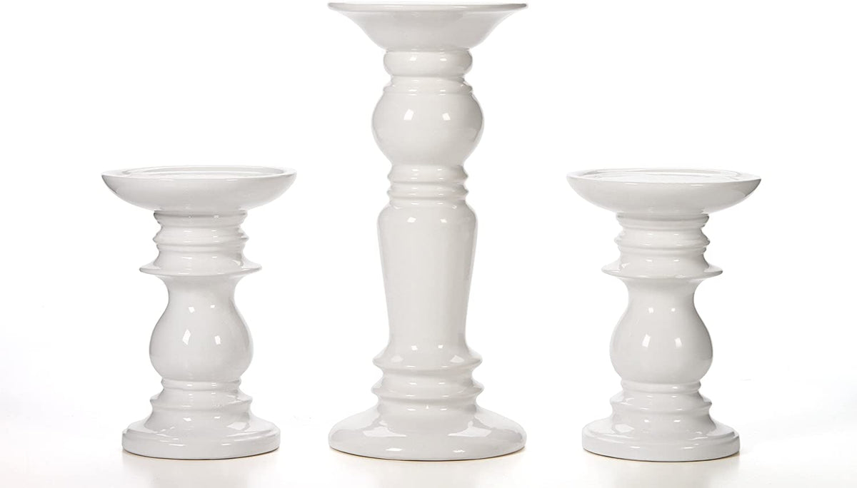 Ceramic Pillar Candle Holders, White Glazed, Set of 3, Two 6 inches and One 9.5 inches High