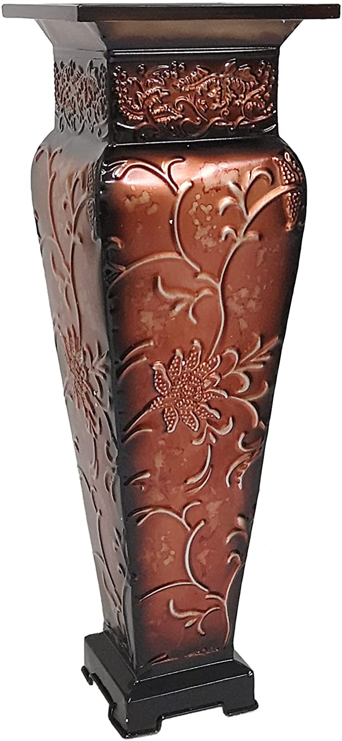 Metal Embossed Vase,  Red Finish, 21.25 inches High