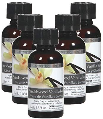 Sandalwood Vanilla Bean Highly Scented Fragrance Warming Oils, Box of 5, 55 ml 1.86oz ea. Ideal Gift for Weddings, spa, Reiki, Meditation, Bathroom Settings W1