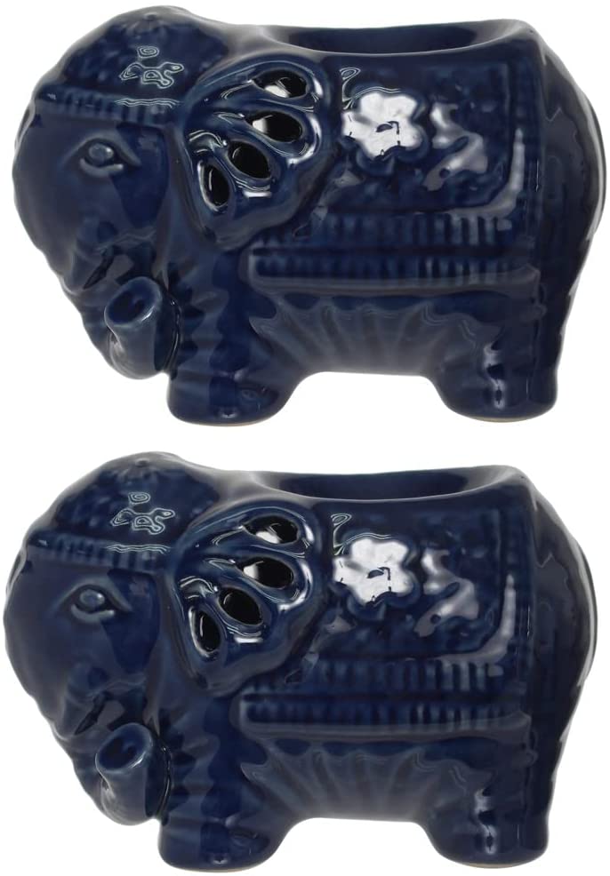 Enchanting Set of 2 Blue Elephant Ceramic Oil Warmers 4.25 Inches High, Ideal for Tealights and Aromatherapy Ambiance in Every Room