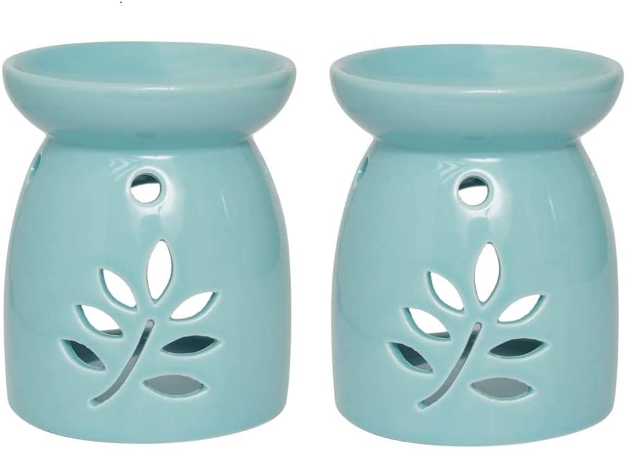 Set of 2 Ceramic Oil Warmer with Leaf Pattern 4.3 Inches High Use with Tealights Ideal for Spa and Aromatherapy Use with Brand Essential Oils and Fragrance Oils