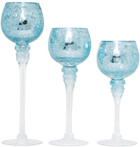 Long Stem Glass Crackle Tealight Holders, Metallic Blue Finish, Set of 3,   9", 10" & 12"High