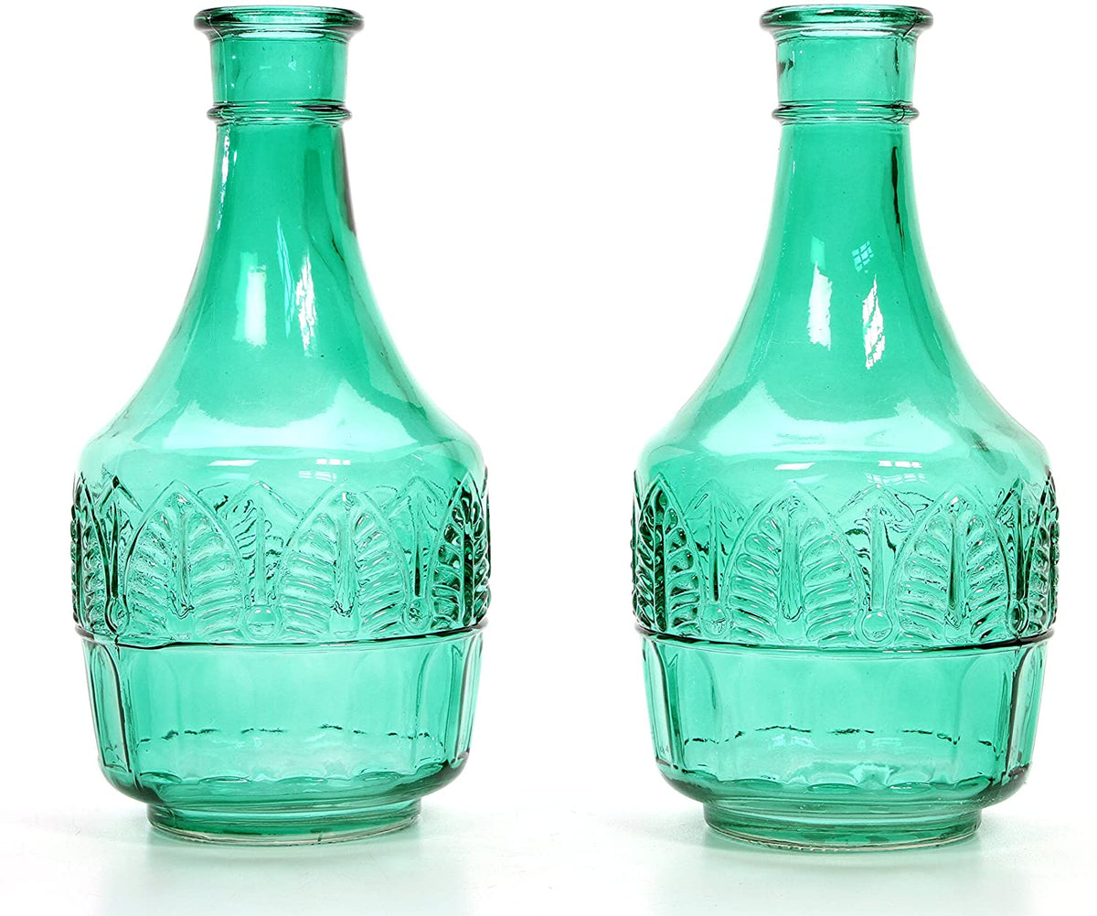 Set of 2 Green Glass Bottle 8.6 Inch High Ideal Flower Vase Nautical Retro Vintage Farmhouse Bottle Gift for Wedding Special Occasion Home Office Dried Floral Arrangements O7