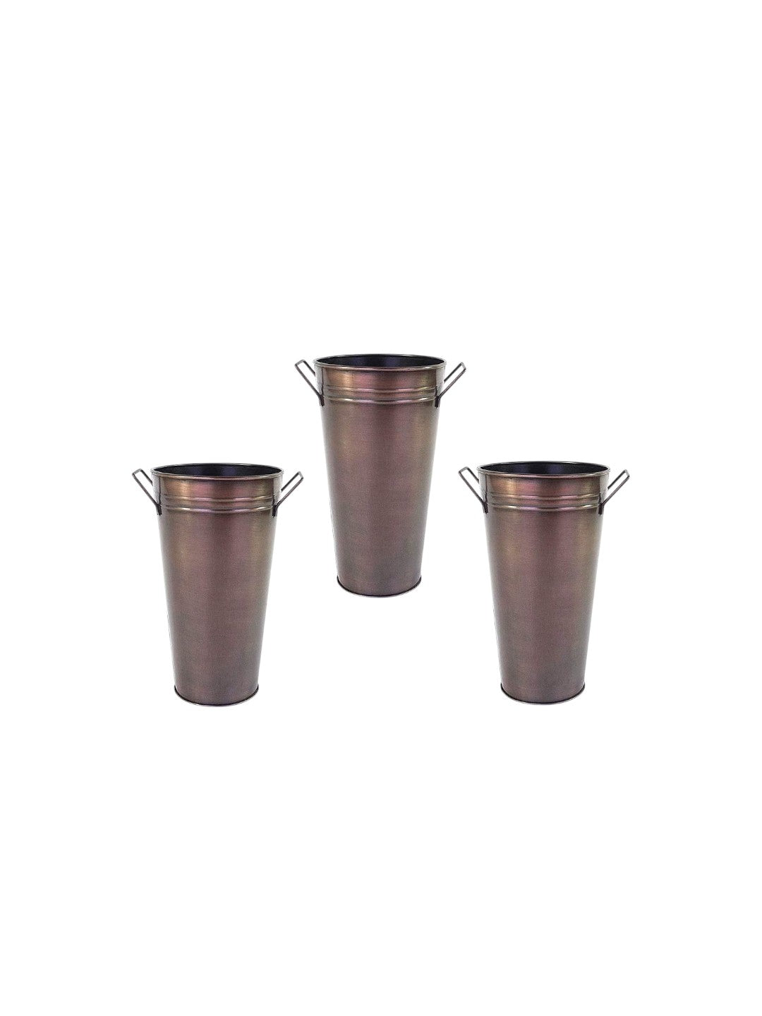 Elevate Your Decor with a Set of 3 Antique Bronze Galvanized Floral Vases French Buckets 9 Inches High with Handles Vintage-Inspired Rustic Elegance for Home, Events, and Weddings