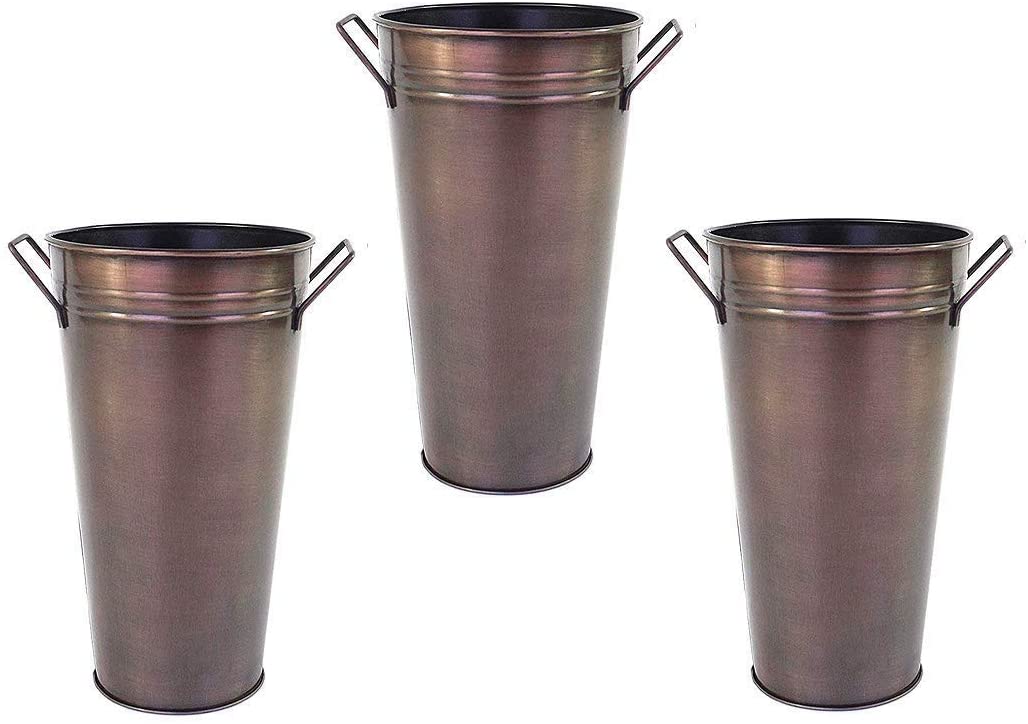 Elevate Your Decor with a Set of 3 Antique Bronze Galvanized Floral Vases French Buckets 9 Inches High with Handles Vintage-Inspired Rustic Elegance for Home, Events, and Weddings