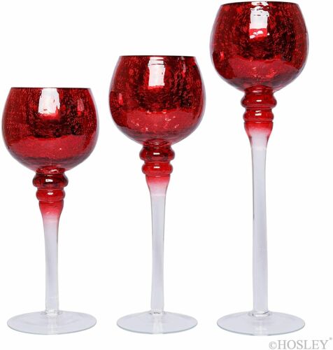 Set of 3 Crackle Red Glass Tealight Holders - 12 Inch, 10 Inch, 9 Inch Ideal for Weddings Special Events Parties Also Makes a Great Gift