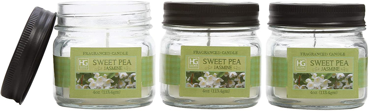 Sweet Pea Jasmine Fragrance Jar Candles, Set of 3, 4 oz. each