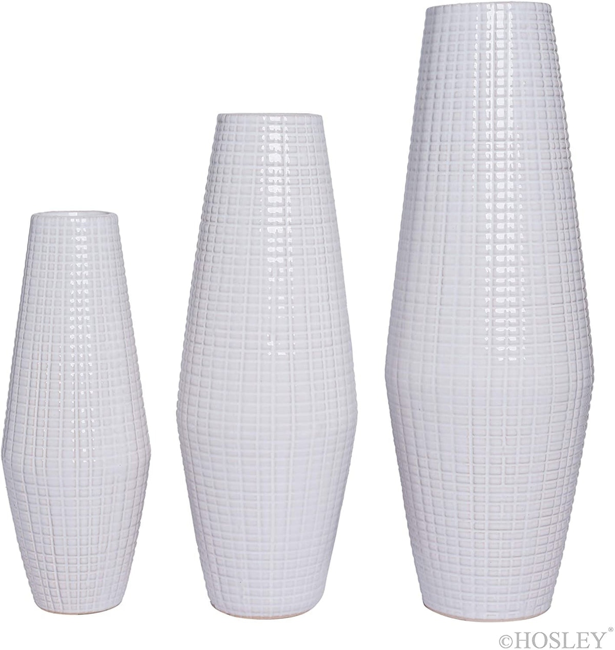 Ceramic Textured Vase, White Glazed, Set of 3,  12", 10", 8" High