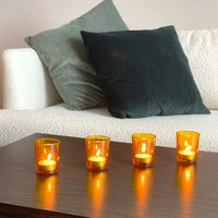 Set of 12 Amber Glass LED Votive Candle Tea Light Holders. Ideal for Weddings Parties Spa and Aromatherapy. Great Value. Use with LED Tea Lights and Votive's. O9