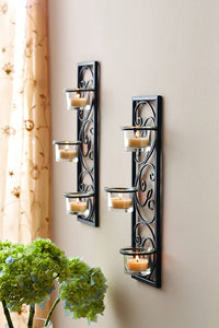 Set of Two 13.75 Inch High Black Iron Tealight Wall Sconces Modern Elegance for Ambient Lighting and Stylish Home Decor