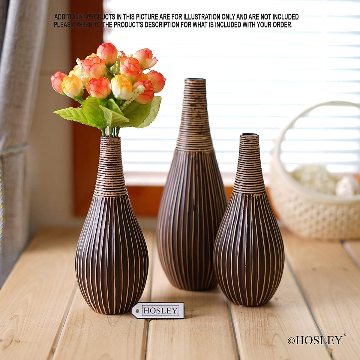 Ceramic Textured Bud Vase, Brown Glazed,  Set of 3, Large 9 "H,  2 pcs Small 7"H