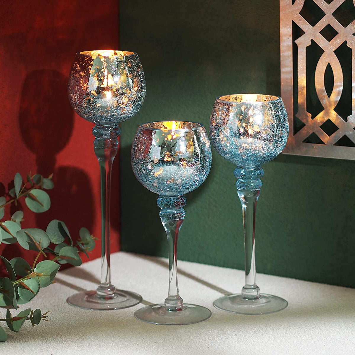 Long Stem Glass Crackle Tealight Holders, Metallic Blue Finish, Set of 3,   9", 10" & 12"High