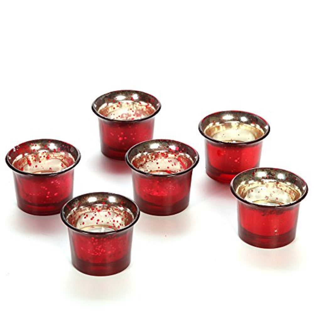 Glass Candle Tealight Holders, Metallic Red Finish, Set of 6