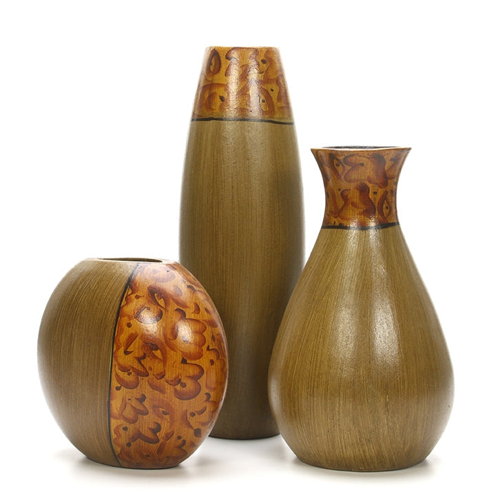 Set of 3 Hand Painted Pattern Burlwood Finish Wood Vases is an Ideal Gift for Weddings or Special Occasion and for Home or Office Decor Floor Vases Spa Aromatherapy Settings O3