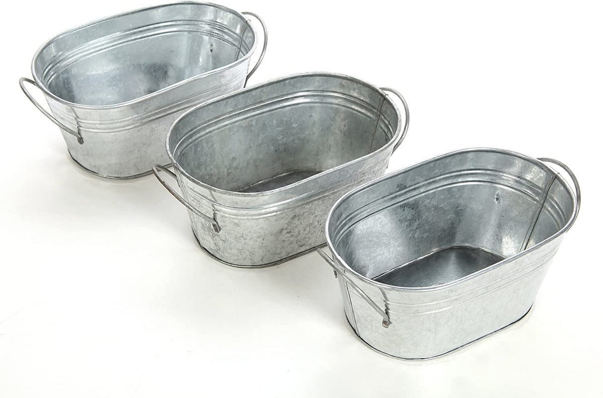 Iron Galvanized Oval Planters,  3 Pack, 8 inches Long (Handle to Handle) each