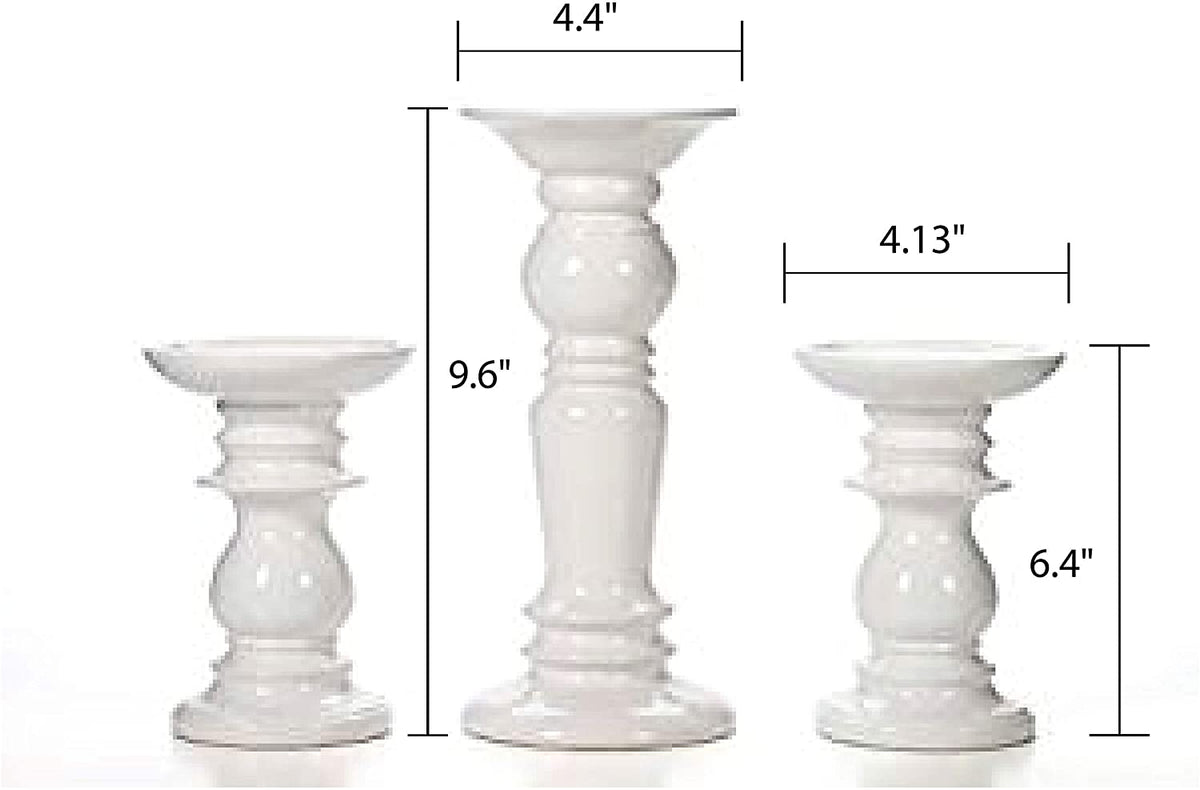 Ceramic Pillar Candle Holders, White Glazed, Set of 3, Two 6 inches and One 9.5 inches High