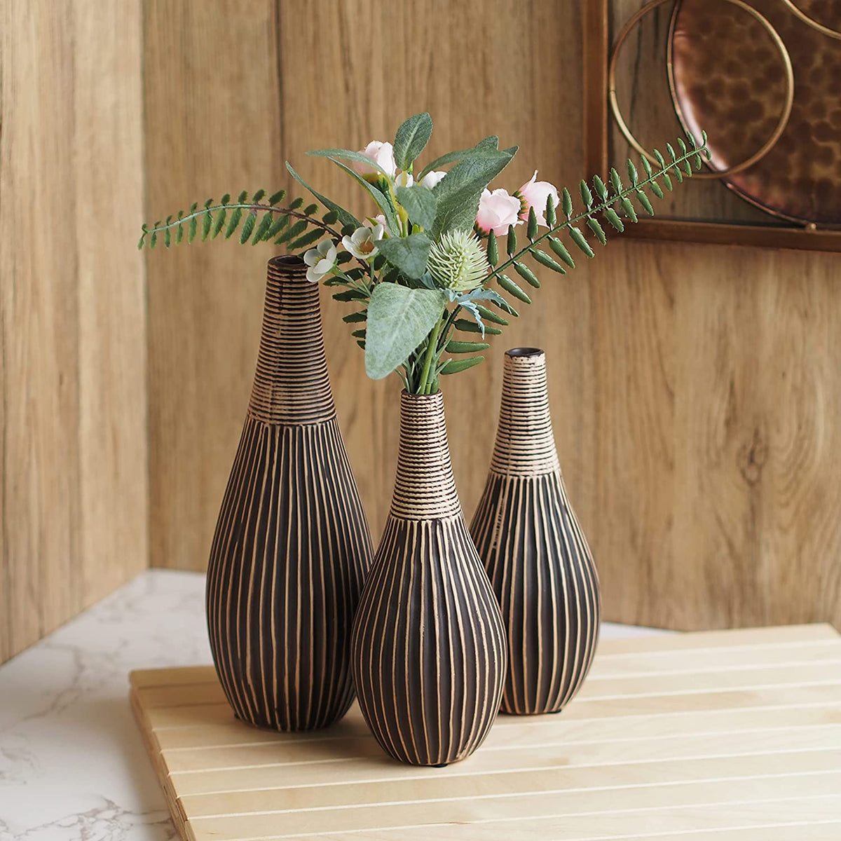 Ceramic Textured Bud Vase, Brown Glazed,  Set of 3, Large 9 "H,  2 pcs Small 7"H