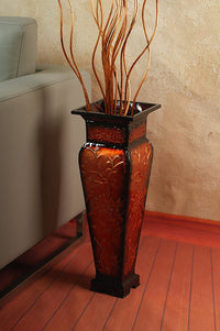 Metal Embossed Vase,  Red Finish, 21.25 inches High