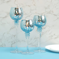 Long Stem Glass Crackle Tealight Holders, Metallic Blue Finish, Set of 3,   9", 10" & 12"High