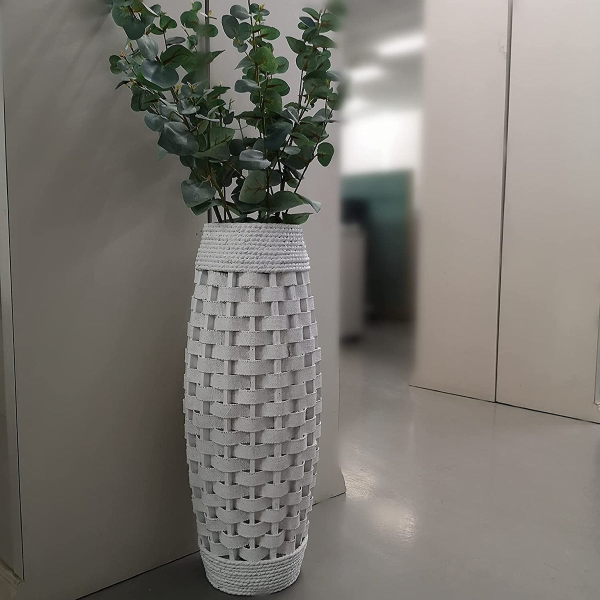 Natural Weaving Floor Vase,   White finish,   24 inches High