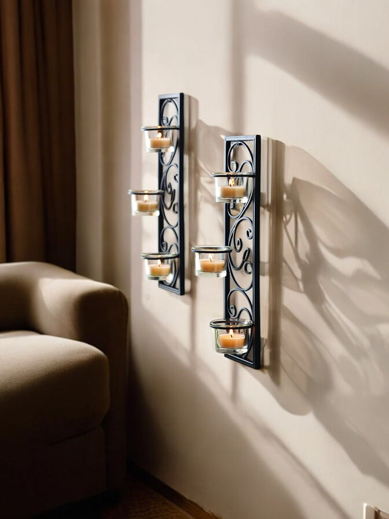 Set of Two 13.75 Inch High Black Iron Tealight Wall Sconces Modern Elegance for Ambient Lighting and Stylish Home Decor