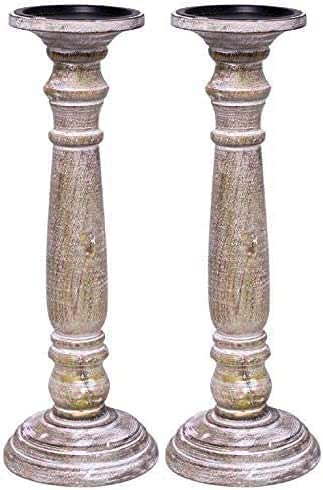 HOSLEY®  Wood Pillar Candl Holder, Set of 2, 14 inches High each
