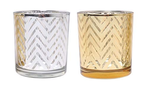 Hosley Set of 6 Assorted Silver and Gold Chevron Glass LED Tealight Holders 3.15 Inch High Large Size Ideal for Wedding Party Favor Spa Home Bridal Reiki Meditation Votive Candle Garden W1