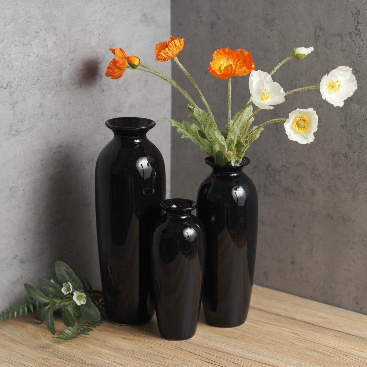 Ceramic Vase Set,  Black Glazed,  Set of 3,  12"H, 10"H, 8"H