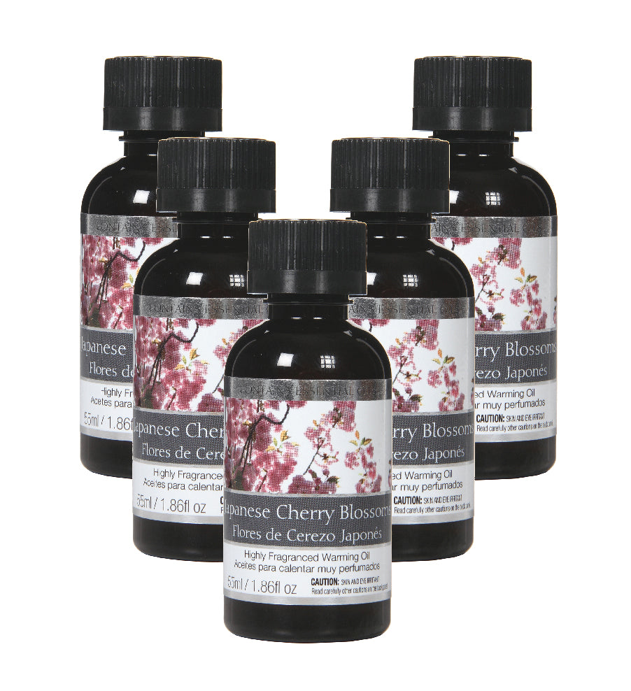 Japanese Cherry Blossoms Highly Scented Fragrance Warming Oils, Box of 5, 55 ml 1.86oz ea. Ideal Gift for Weddings, spa, Reiki, Meditation, Bathroom Settings W1