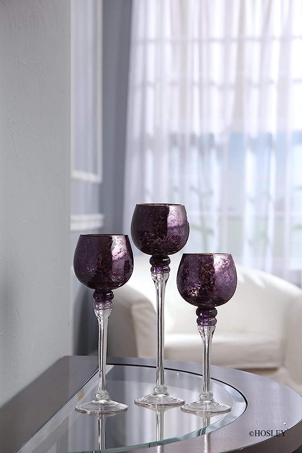 3 Sets Crackle Purple Glass Tealight Holders Set /3-12 Inch, 10 Inch, 9 Inch Ideal for Weddings Special Events Parties Also Makes a Great Gift