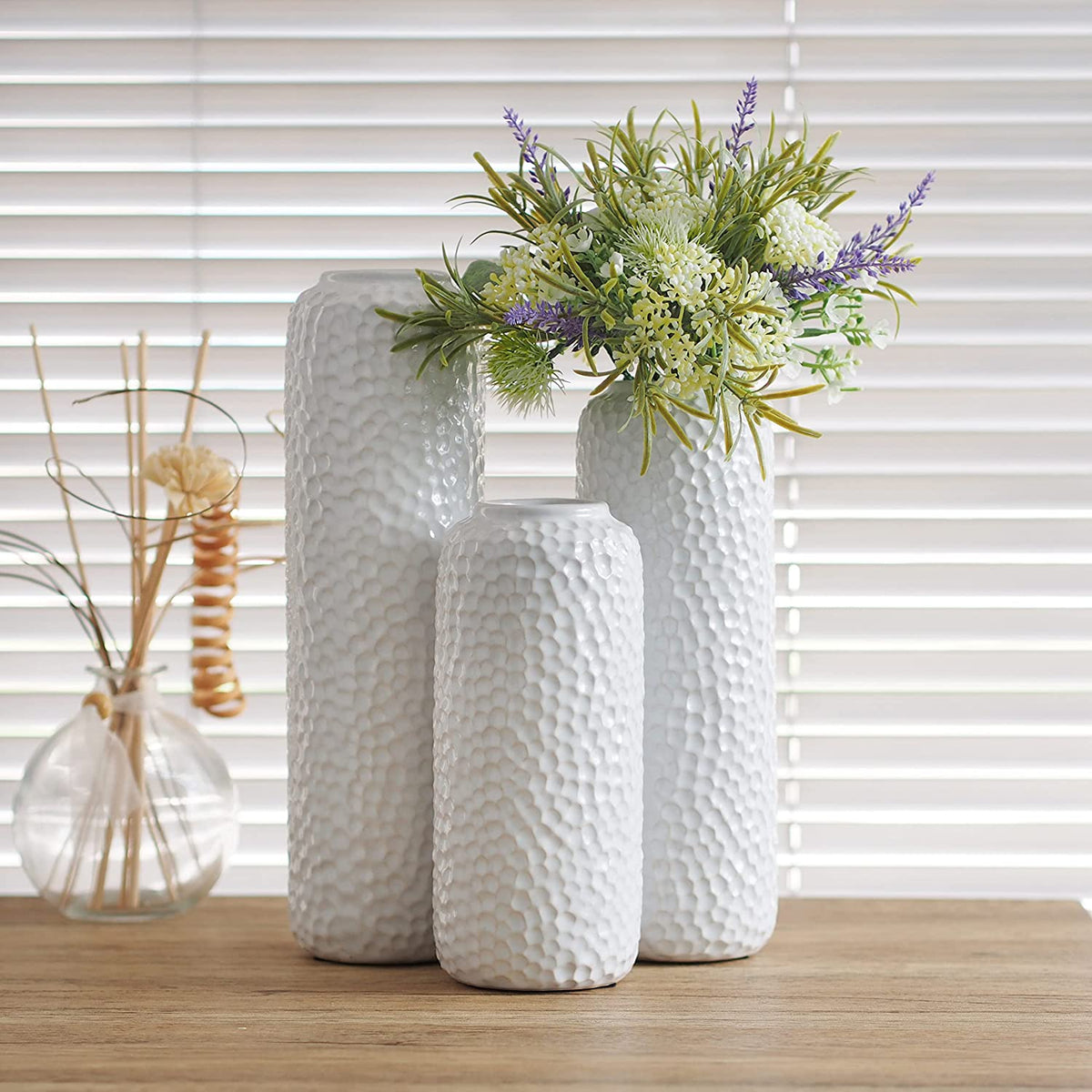 Ceramic Honeycomb Vase , White Glazed,  Set of 3 , 12"  10 "  8" High