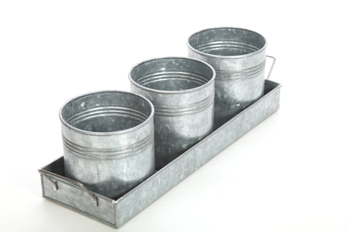 Iron Galvanized Planter With Tray, Set of 3 , 5 inches High each