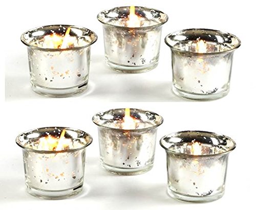 Hosley Set of 6 Metallic/Antique Finish Glass Candle Tealight Holders. Ideal Gift for Wedding Bridal Party Reiki LED Votive Tea Light Gardens O4 (Antique Silver)